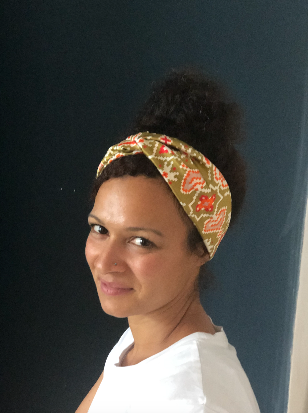 Silk Twisted Turban hairband and neck scarf in Liberty of London Gold Tapestry Hearts print - 100% pure silk satin