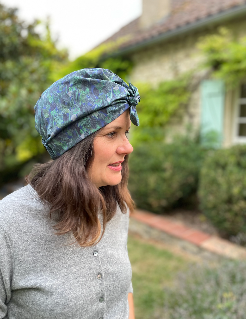 Ladies Turban Hat - Liberty of London Chaparrel - Navy and Green Fern Print