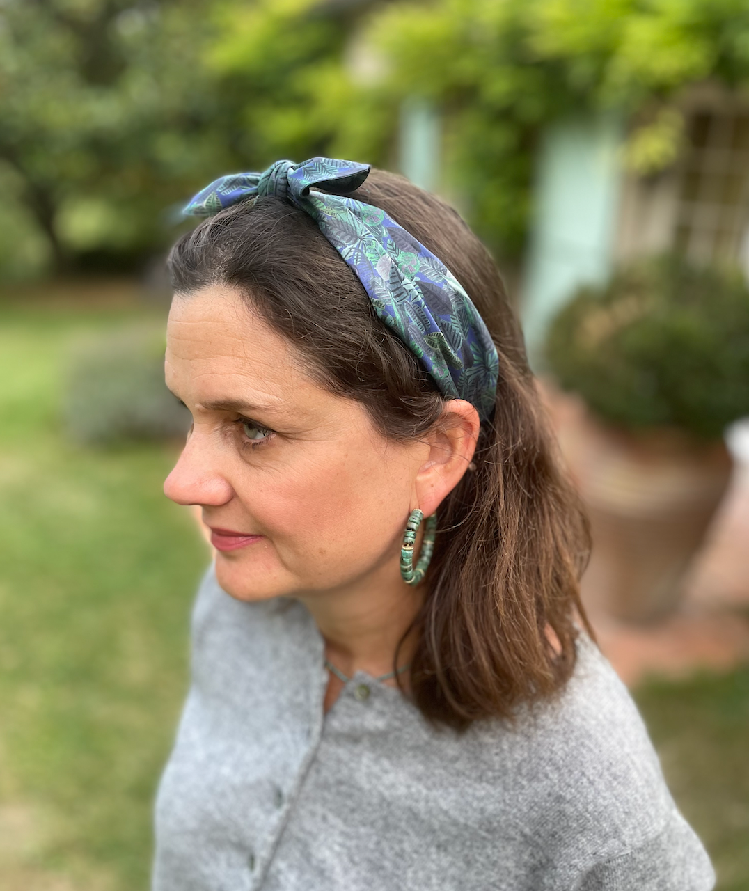 Ladies Knot Tie hairband - Liberty of London Chaparrel - Navy and Green Fern Print