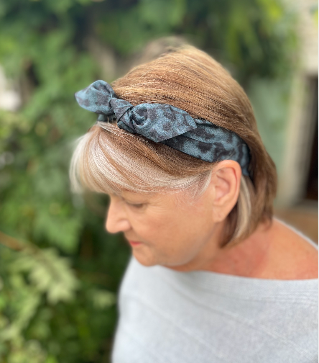 Ladies Knot Tie hairband - Liberty of London Blue Plastic Fantastic - Animal Print