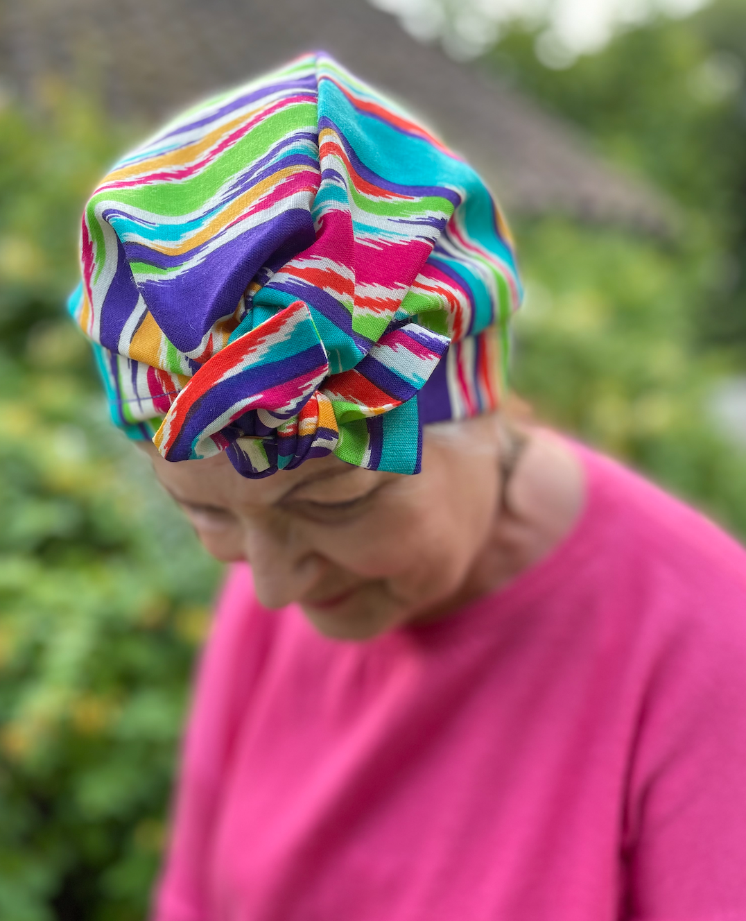Ladies Turban Hat - Vintage 1970-80s Bright Ikat Print in Liberty of London printed - Varuna wool