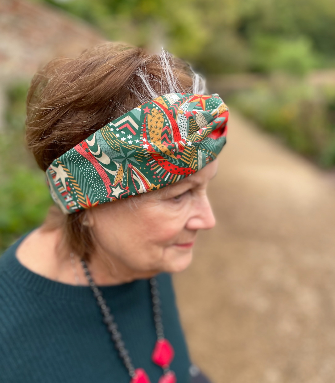 Ladies Twisted Turban hairband and neck scarf in My Little Star Liberty of London Christmas print