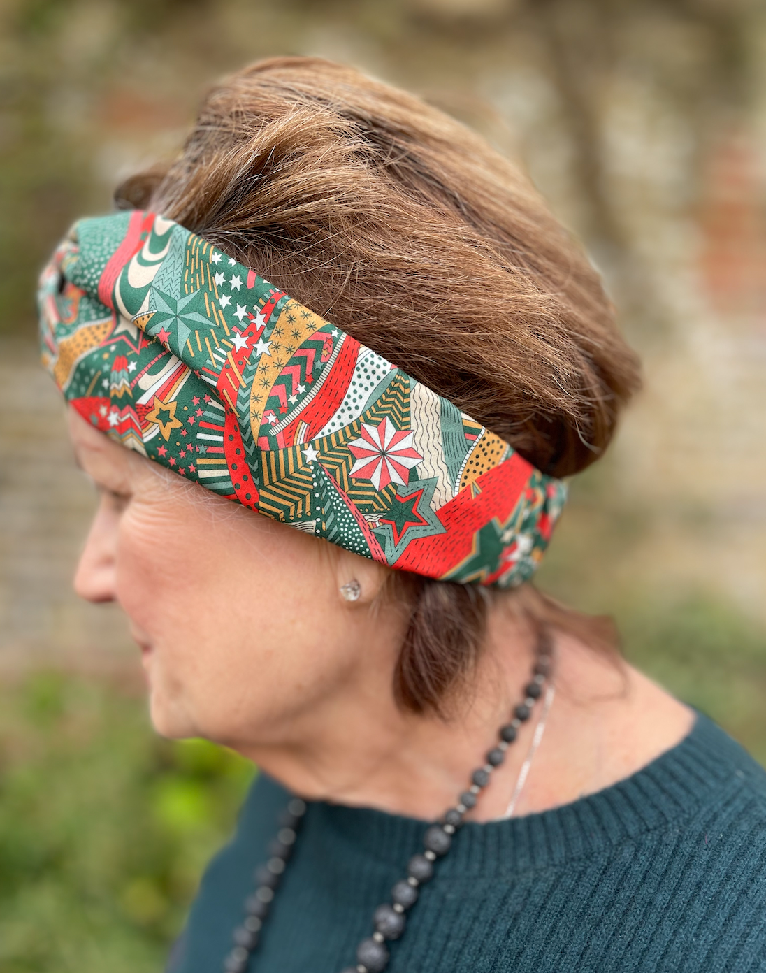 Ladies Twisted Turban hairband and neck scarf in My Little Star Liberty of London Christmas print