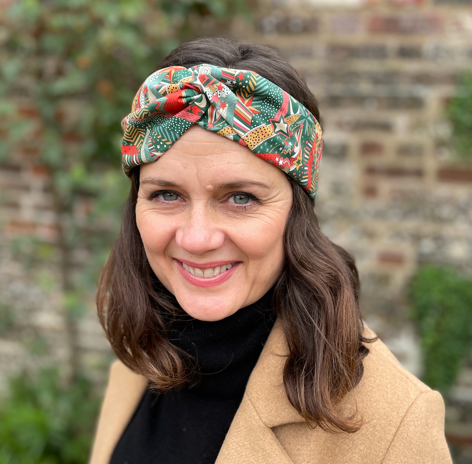 Ladies Twisted Turban hairband and neck scarf in My Little Star Liberty of London Christmas print
