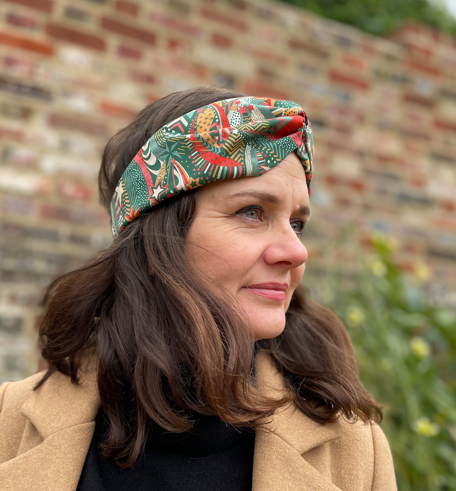 Ladies Twisted Turban hairband and neck scarf in My Little Star Liberty of London Christmas print