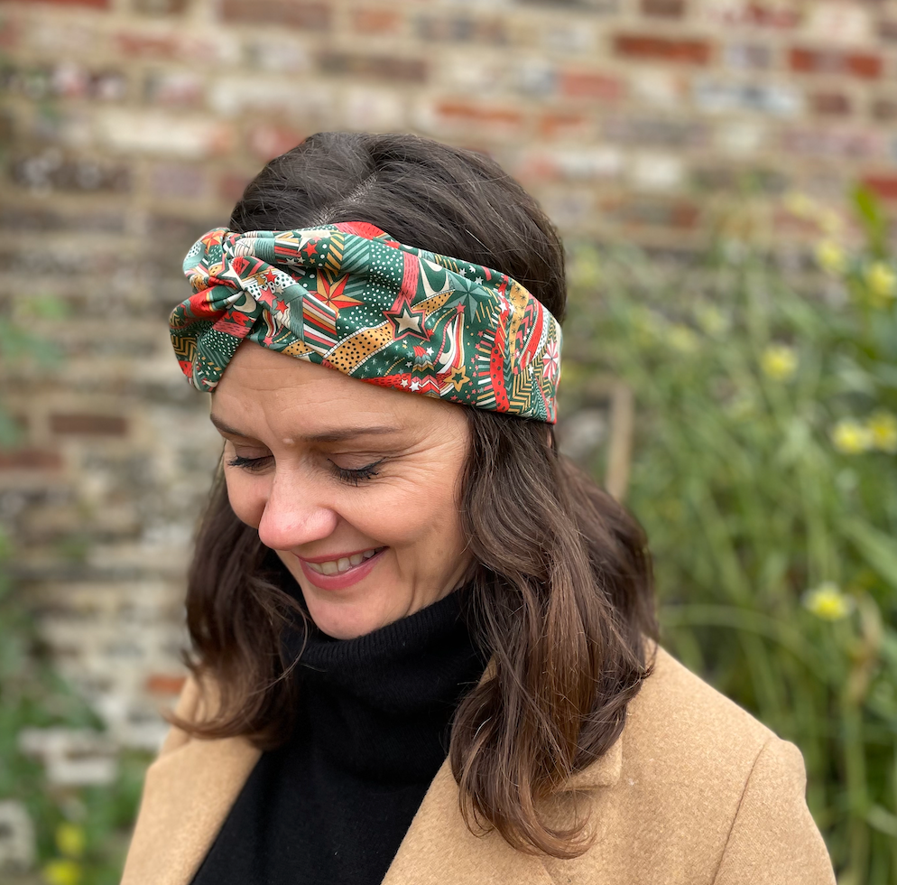 Ladies Twisted Turban hairband and neck scarf in My Little Star Liberty of London Christmas print