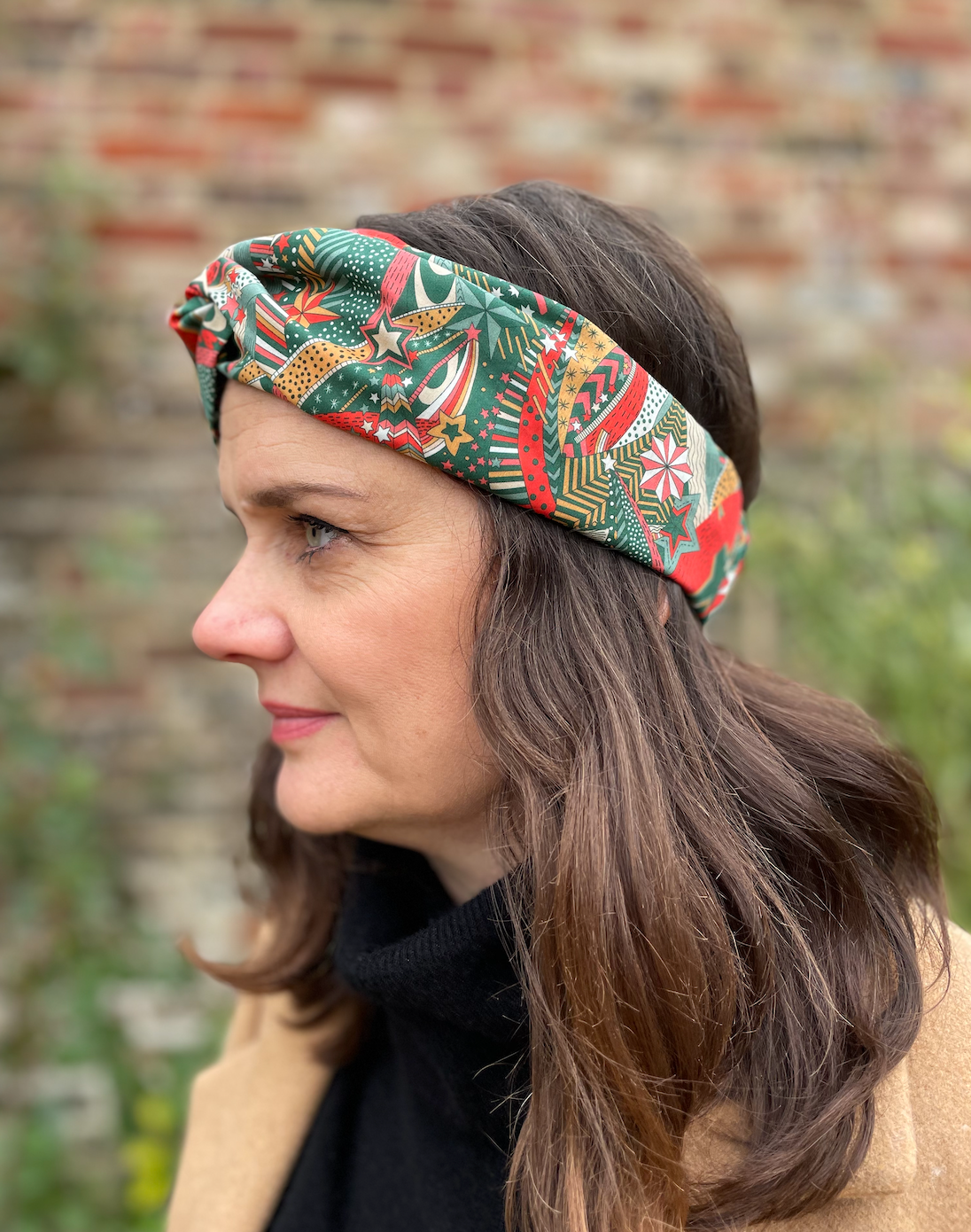 Ladies Twisted Turban hairband and neck scarf in My Little Star Liberty of London Christmas print