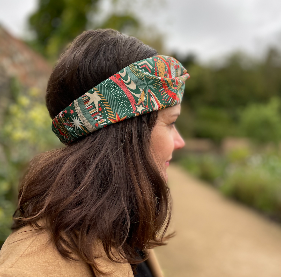 Ladies Twisted Turban hairband and neck scarf in My Little Star Liberty of London Christmas print