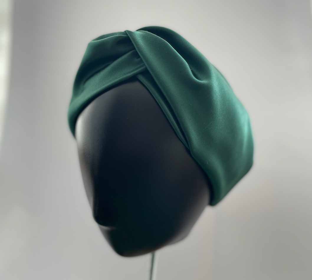 Silk Twisted Turban hairband and neck scarf in Racing Green Mulberry Silk - 100% pure silk satin