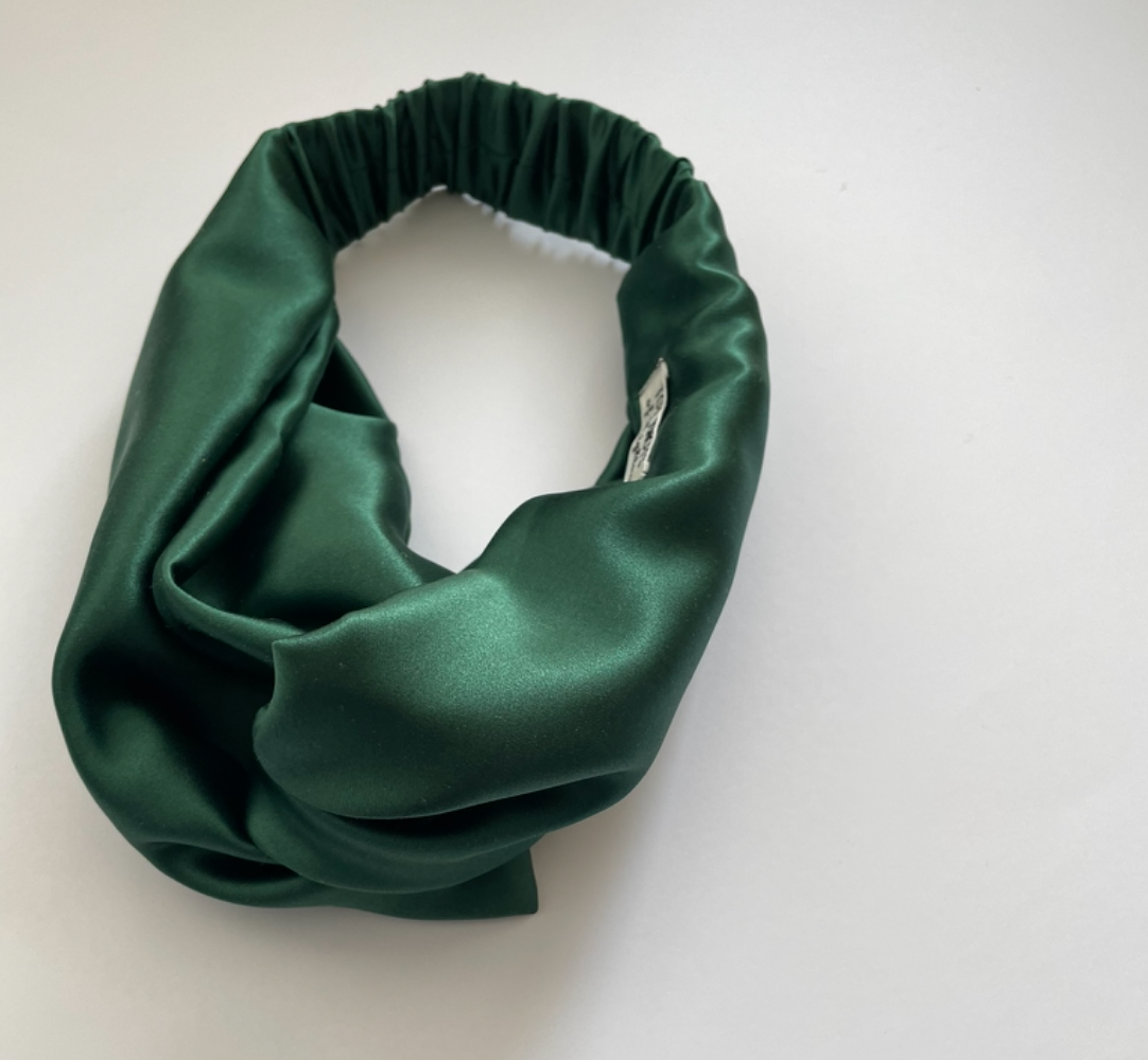 Silk Twisted Turban hairband and neck scarf in Racing Green Mulberry Silk - 100% pure silk satin