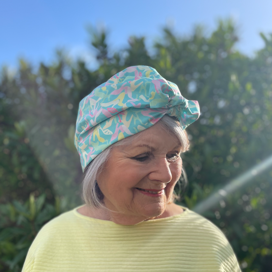 Ladies Turban Hat - Liberty of London Vintage Clara Aqua High Heels print