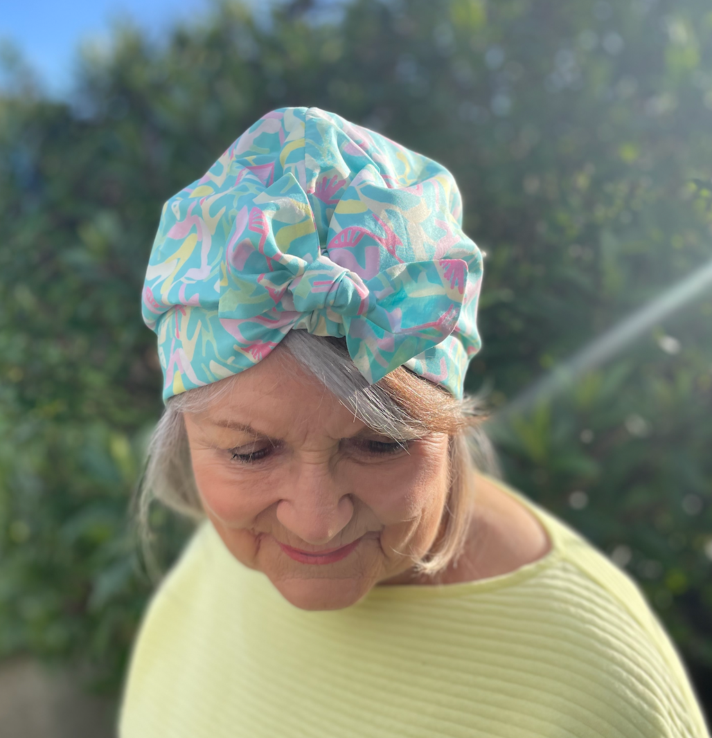 Ladies Turban Hat - Liberty of London Vintage Clara Aqua High Heels print