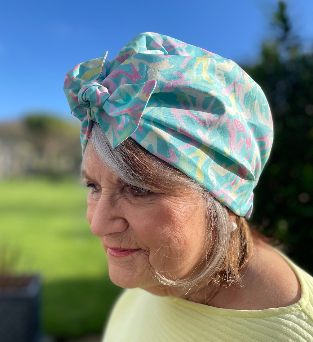 Ladies Turban Hat - Liberty of London Vintage Clara Aqua High Heels print