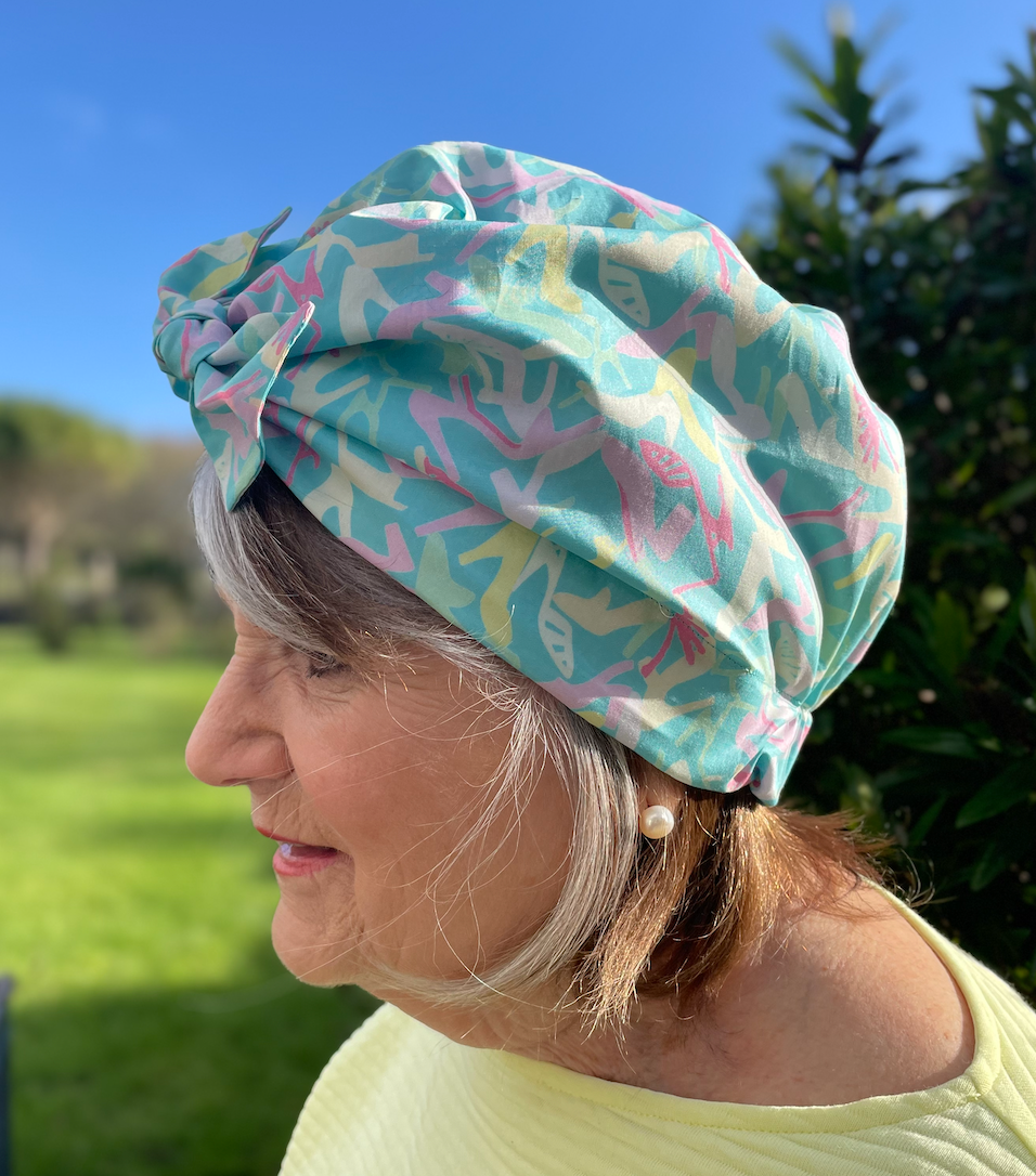Ladies Turban Hat - Liberty of London Vintage Clara Aqua High Heels print