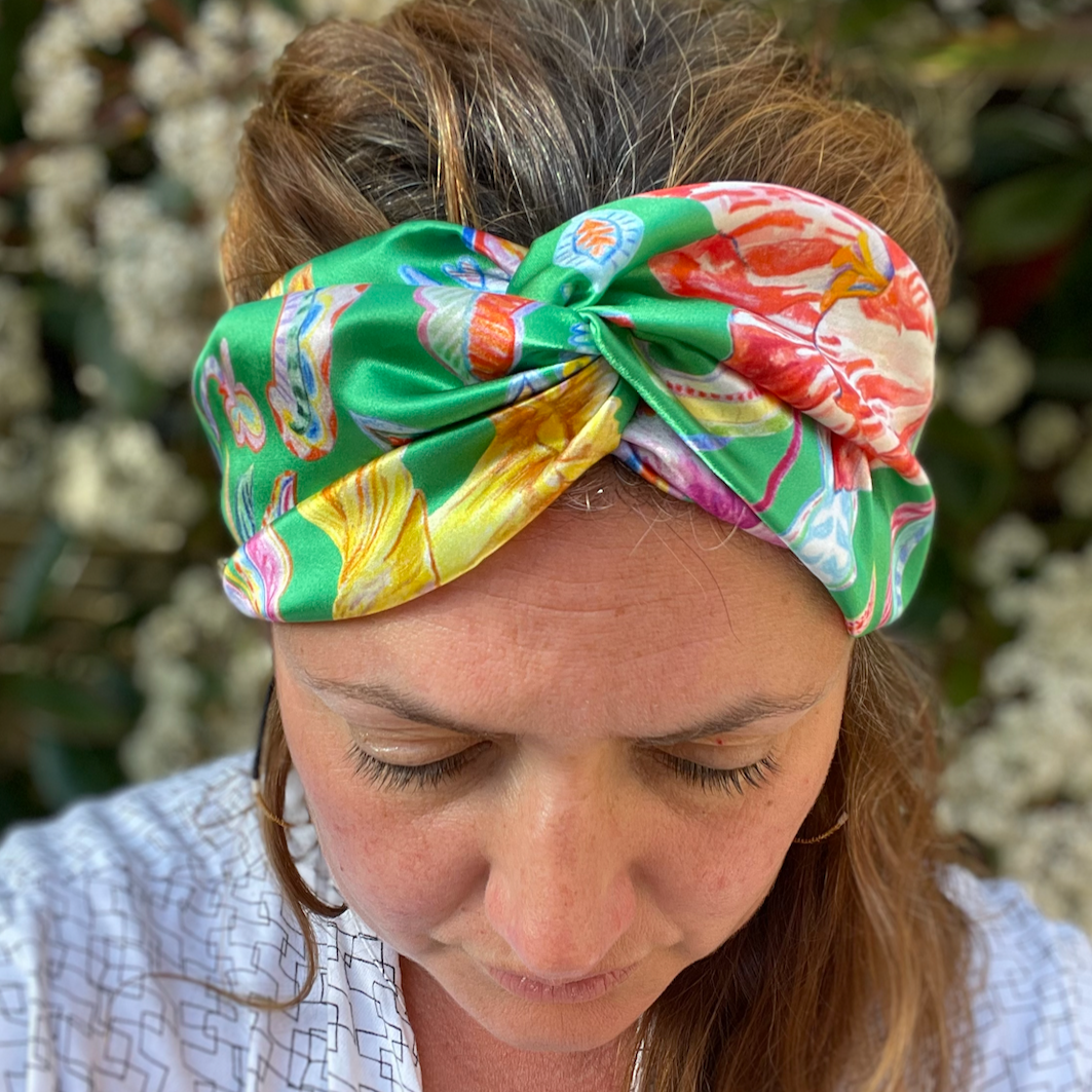 Silk Twisted Turban hairband and neck scarf in Liberty of London Garden of Reverie Silk Satin - 100% silk