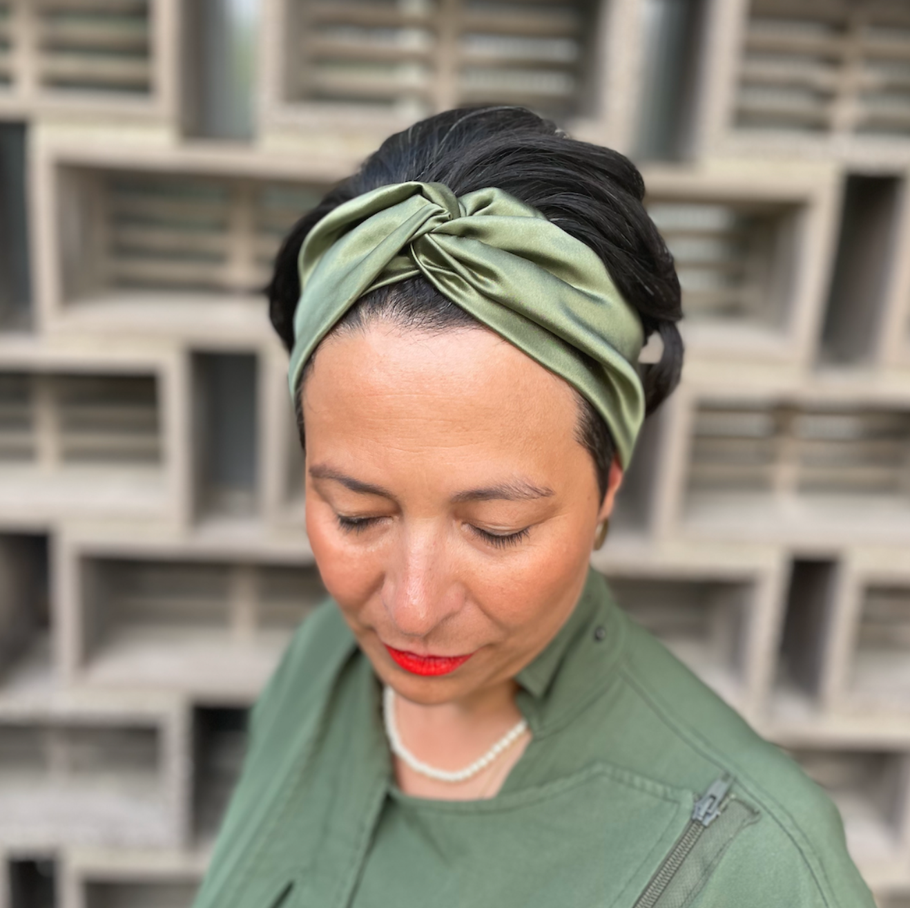 Olive Green Silk Twisted Turban hairband and neck scarf in Mulberry Silk - 100% pure silk satin