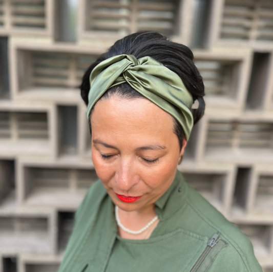 Olive Green Silk Twisted Turban hairband and neck scarf in Mulberry Silk - 100% pure silk satin