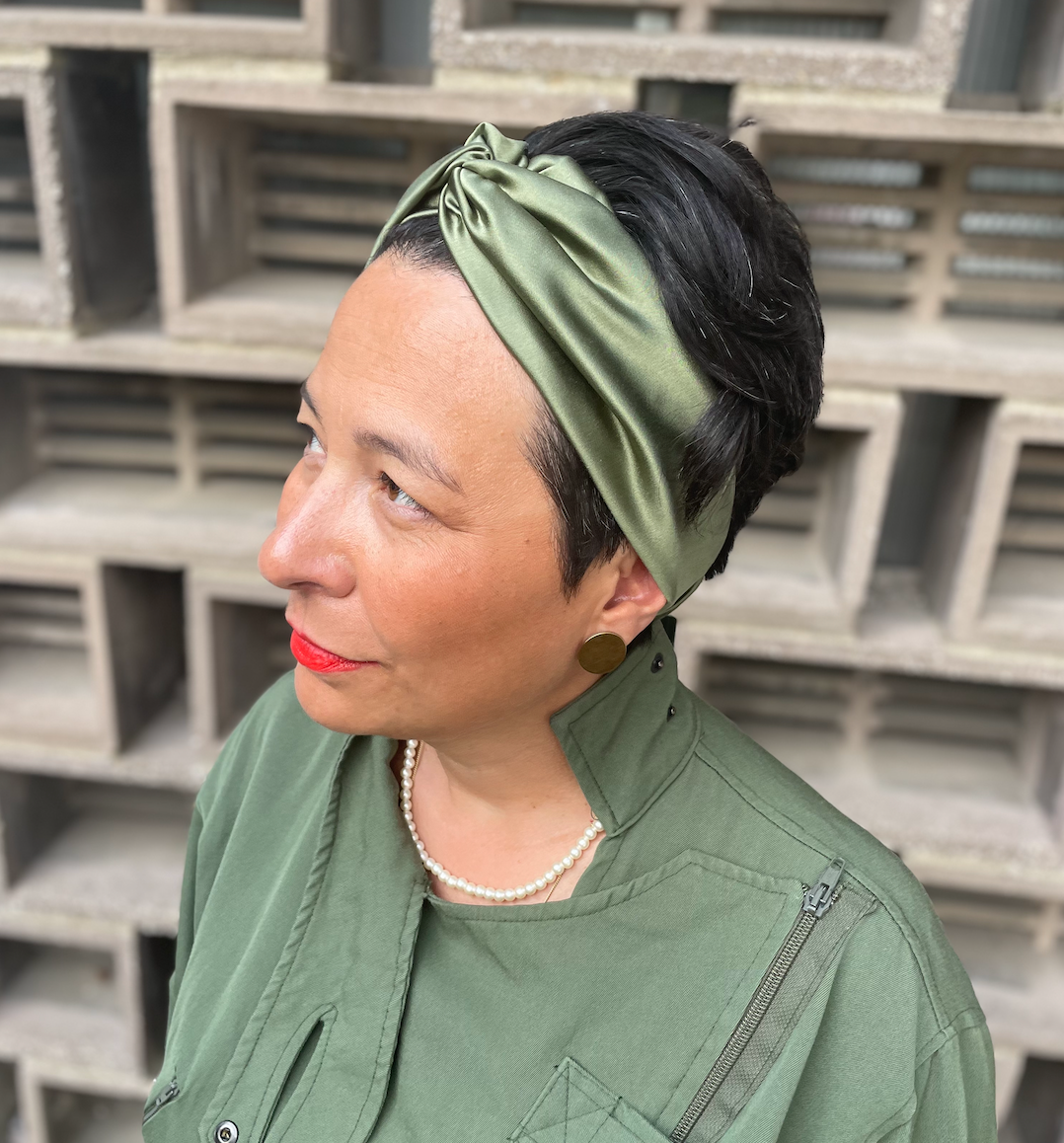 Olive Green Silk Twisted Turban hairband and neck scarf in Mulberry Silk - 100% pure silk satin