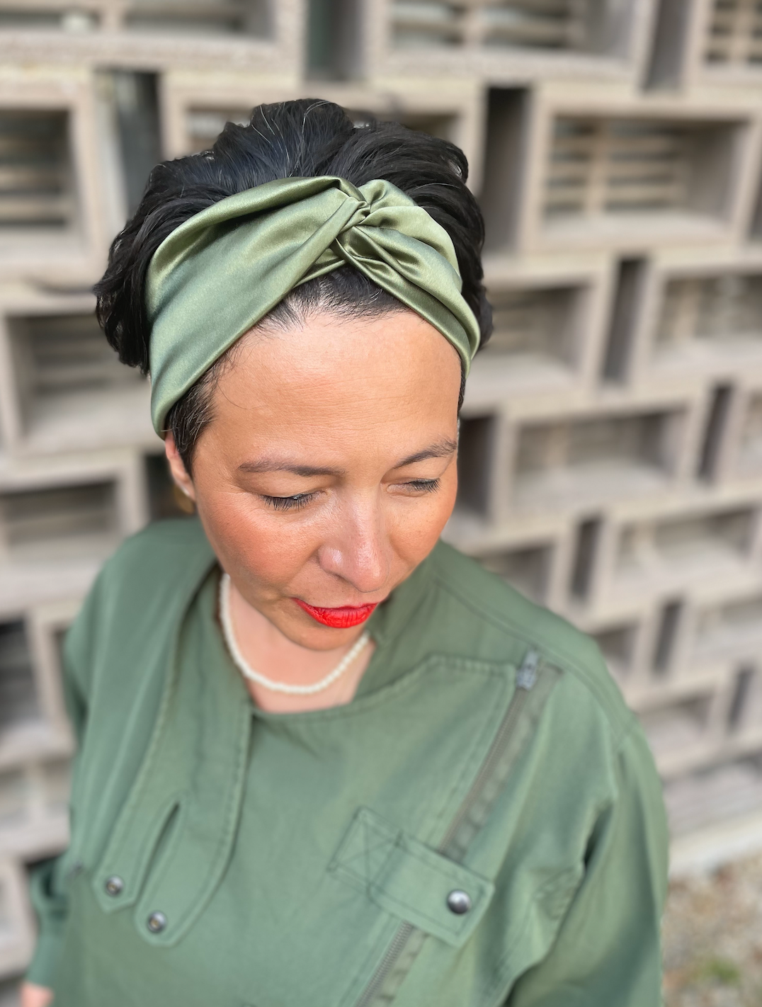 Olive Green Silk Twisted Turban hairband and neck scarf in Mulberry Silk - 100% pure silk satin