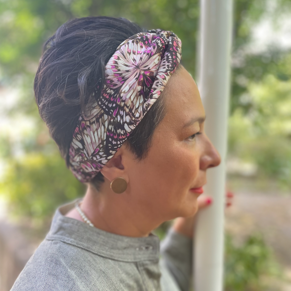 Twisted Turban hairband in Liberty of London Kaleidoscope in pink 100% Tana Lawn cotton