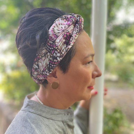 Twisted Turban hairband in Liberty of London Kaleidoscope in pink 100% Tana Lawn cotton