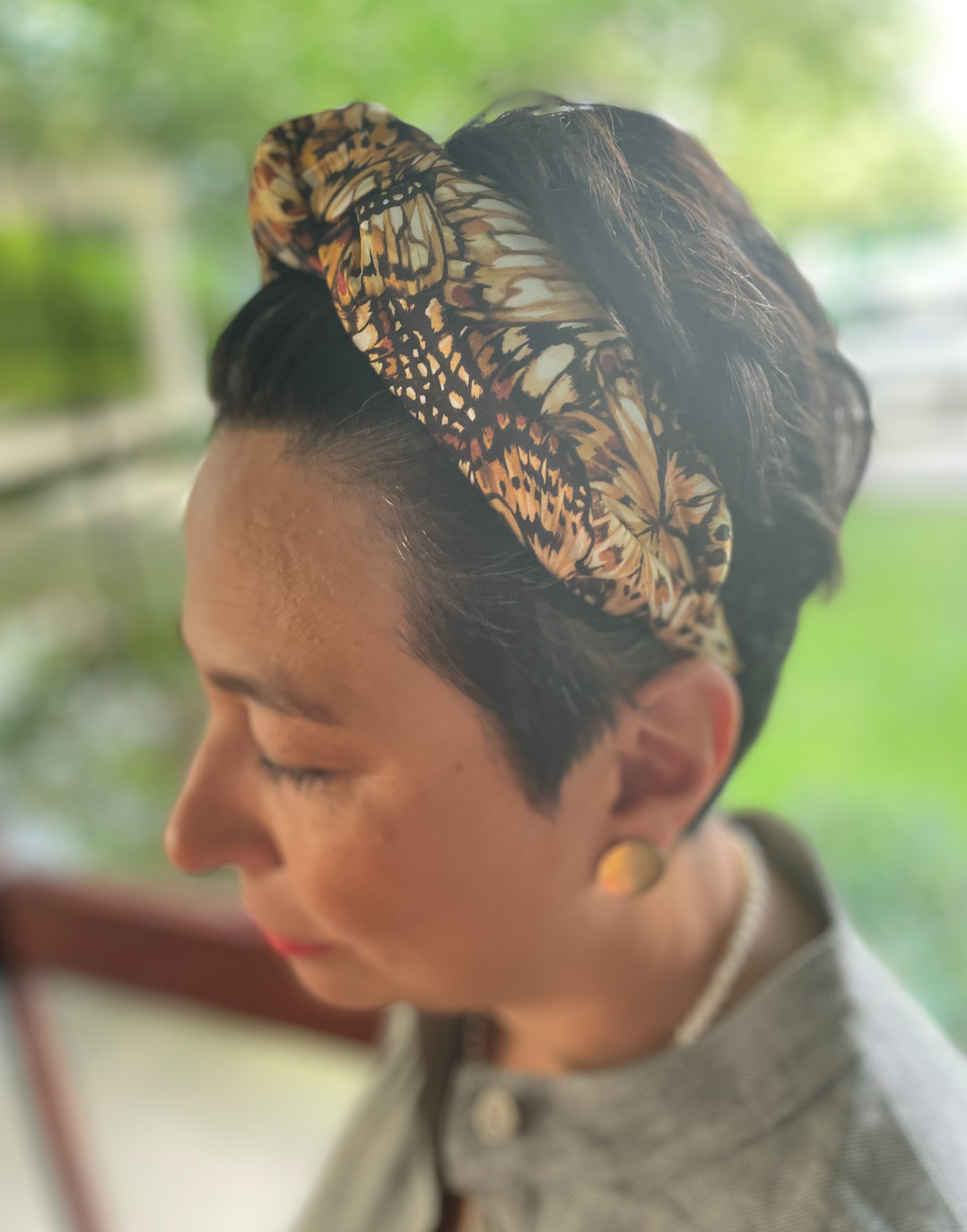 Luxury Silk Knot Alice band - Liberty of London Kaleidoscope in Brown Silk Satin