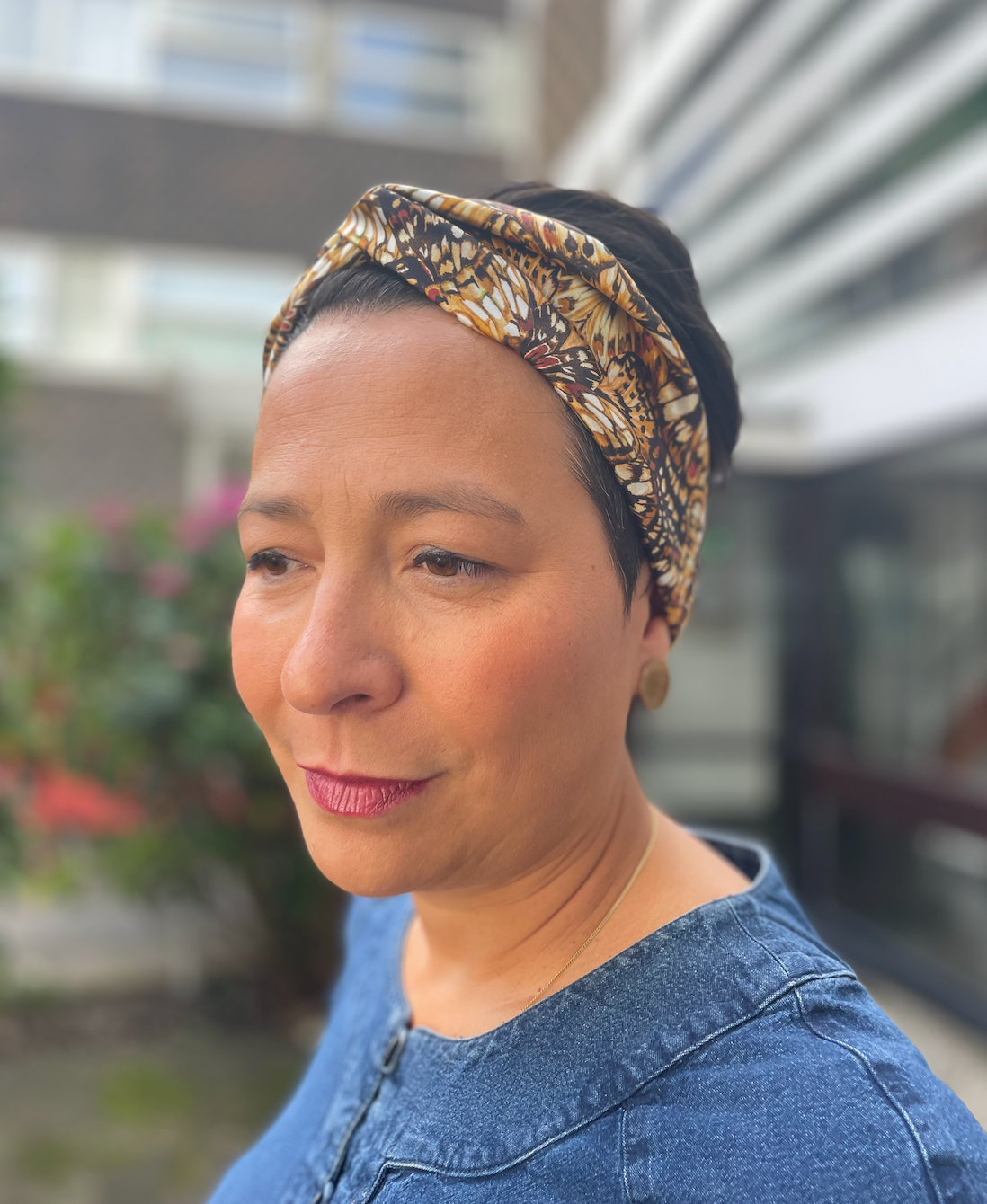 Silk Twisted Turban hairband and neck scarf in Liberty of London Kaleidoscope in Brown Silk Satin - 100% silk
