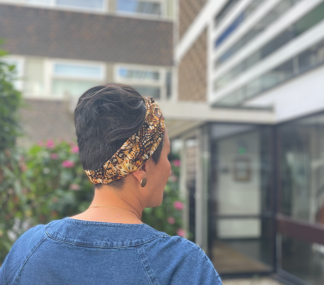 Silk Twisted Turban hairband and neck scarf in Liberty of London Kaleidoscope in Brown Silk Satin - 100% silk