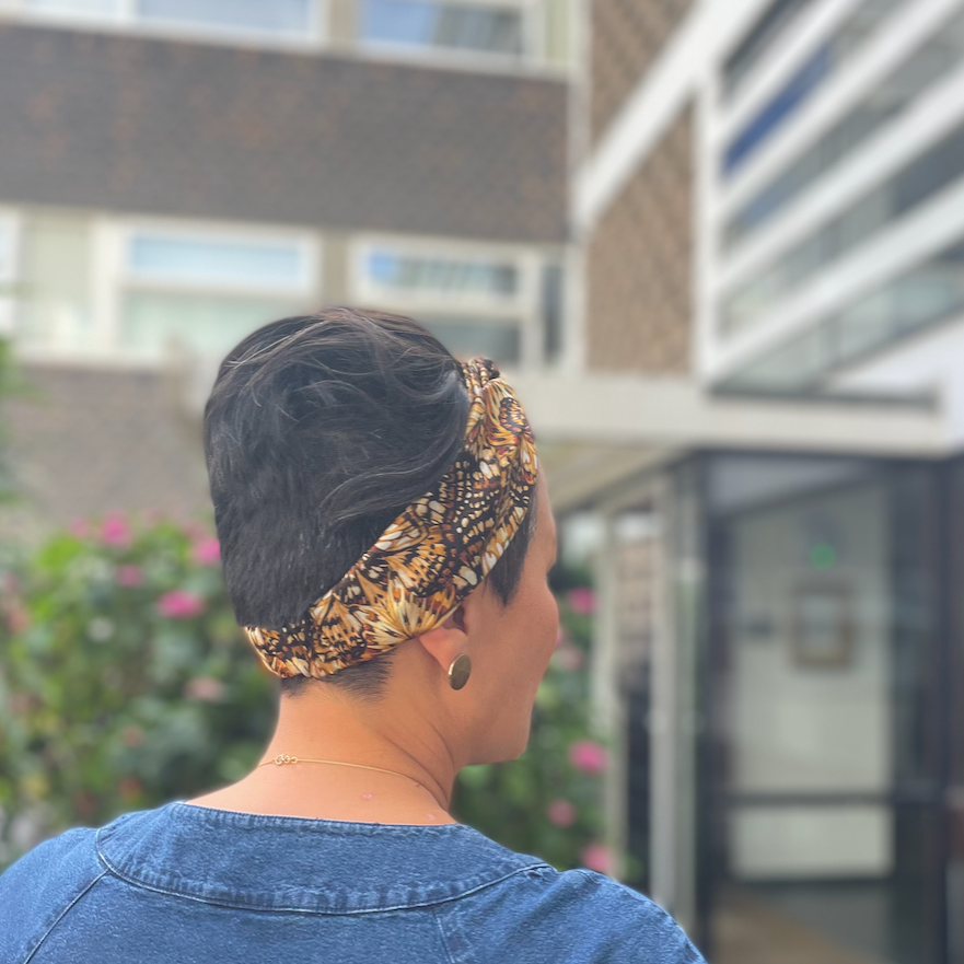 Silk Twisted Turban hairband and neck scarf in Liberty of London Kaleidoscope in Brown Silk Satin - 100% silk