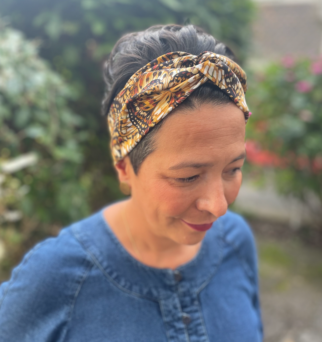 Silk Twisted Turban hairband and neck scarf in Liberty of London Kaleidoscope in Brown Silk Satin - 100% silk