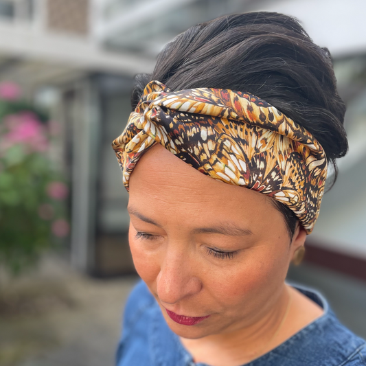 Silk Twisted Turban hairband and neck scarf in Liberty of London Kaleidoscope in Brown Silk Satin - 100% silk
