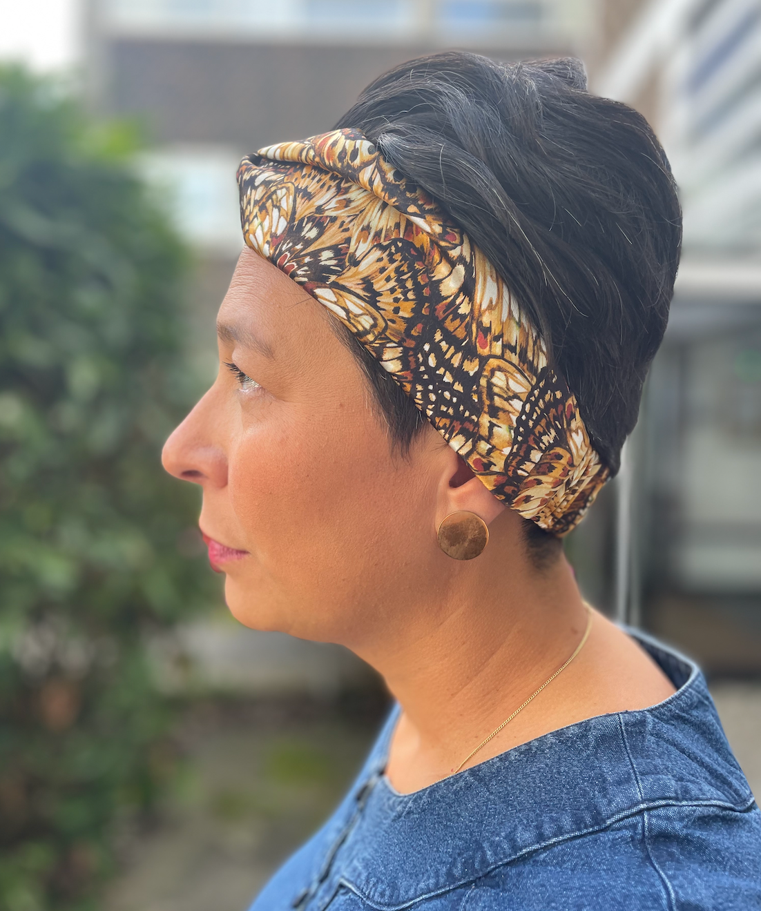 Silk Twisted Turban hairband and neck scarf in Liberty of London Kaleidoscope in Brown Silk Satin - 100% silk