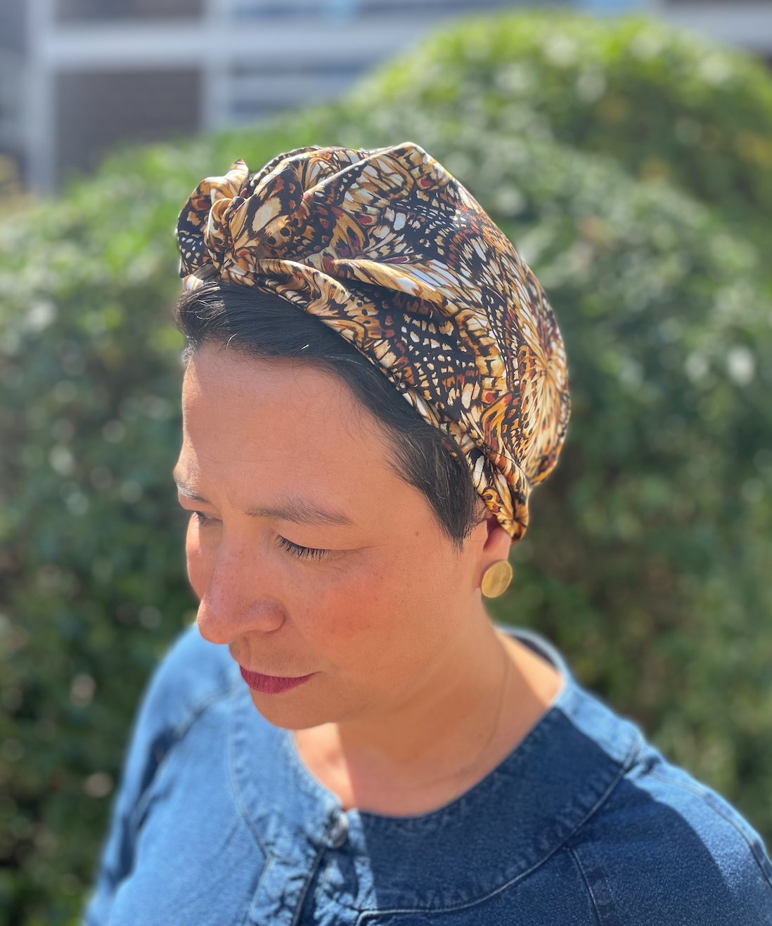Luxury Silk Turban & Head wrap - Liberty of London Kaleidoscope in Brown printed silk satin