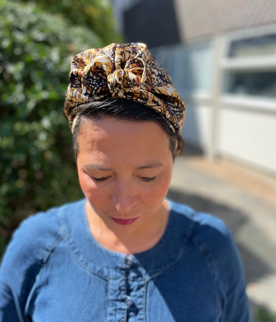 Luxury Silk Turban & Head wrap - Liberty of London Kaleidoscope in Brown printed silk satin