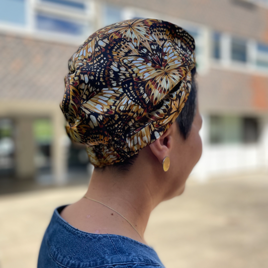Luxury Silk Turban & Head wrap - Liberty of London Kaleidoscope in Brown printed silk satin