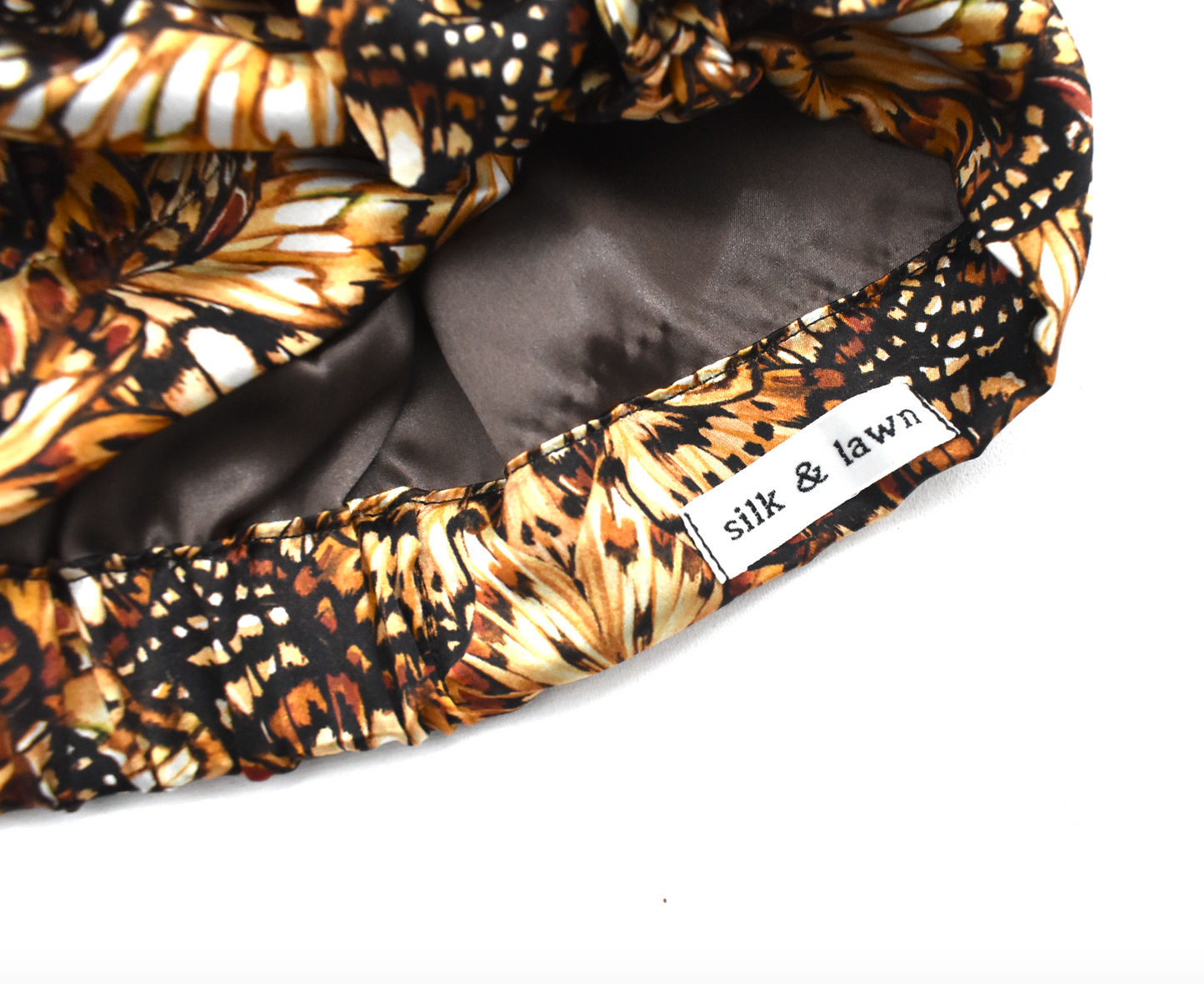 Luxury Silk Turban & Head wrap - Liberty of London Kaleidoscope in Brown printed silk satin