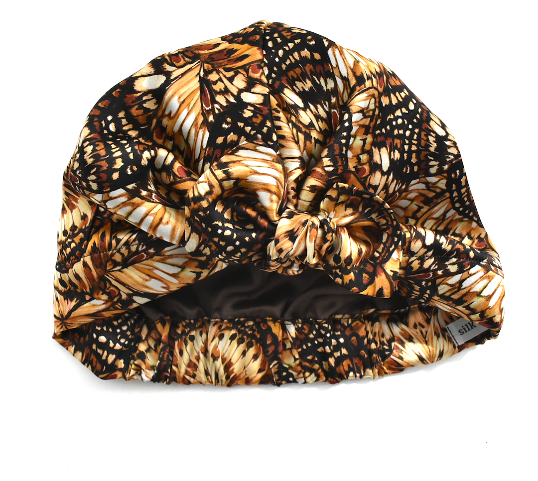 Luxury Silk Turban & Head wrap - Liberty of London Kaleidoscope in Brown printed silk satin