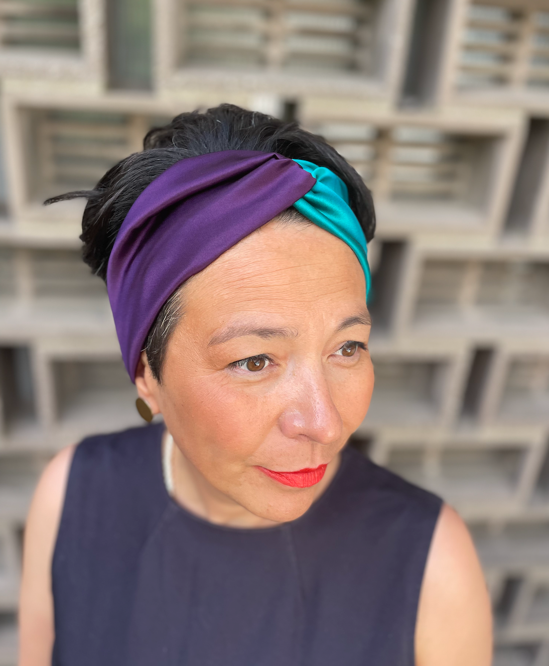 Aubergine & Turquoise Split Twisted Turban hairband and neck scarf in Mulberry Silk - 100% pure silk satin