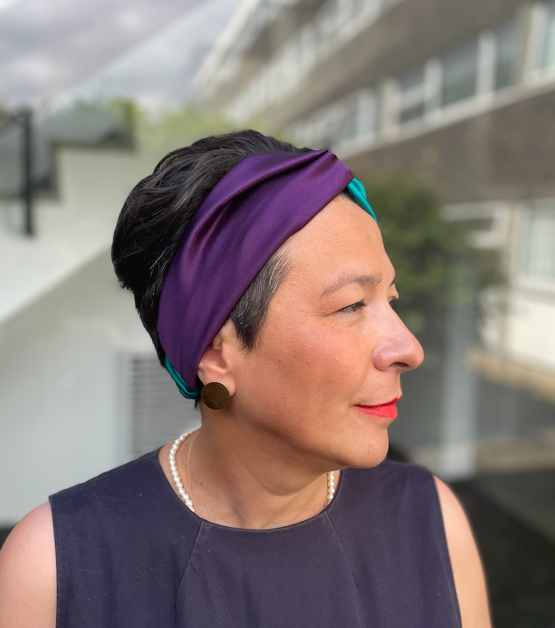 Aubergine & Turquoise Split Twisted Turban hairband and neck scarf in Mulberry Silk - 100% pure silk satin