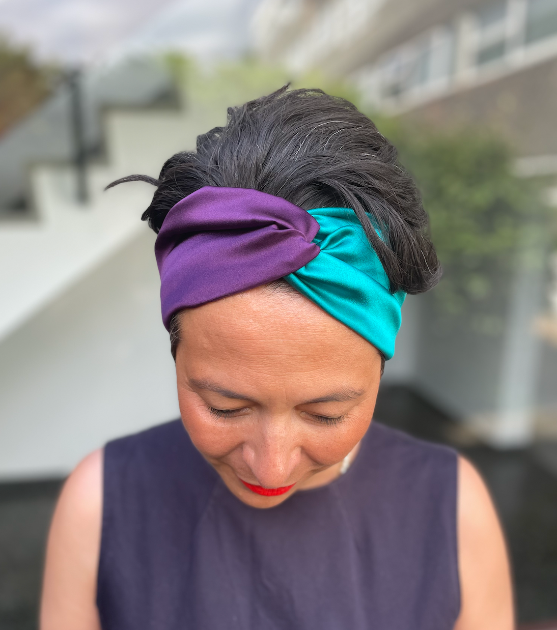 Aubergine & Turquoise Split Twisted Turban hairband and neck scarf in Mulberry Silk - 100% pure silk satin