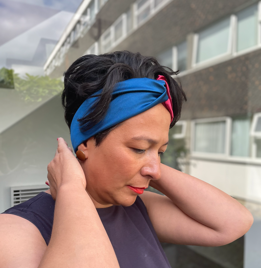 Blue & Claret Red Split Twisted Turban hairband and neck scarf in Mulberry Silk - 100% pure silk satin