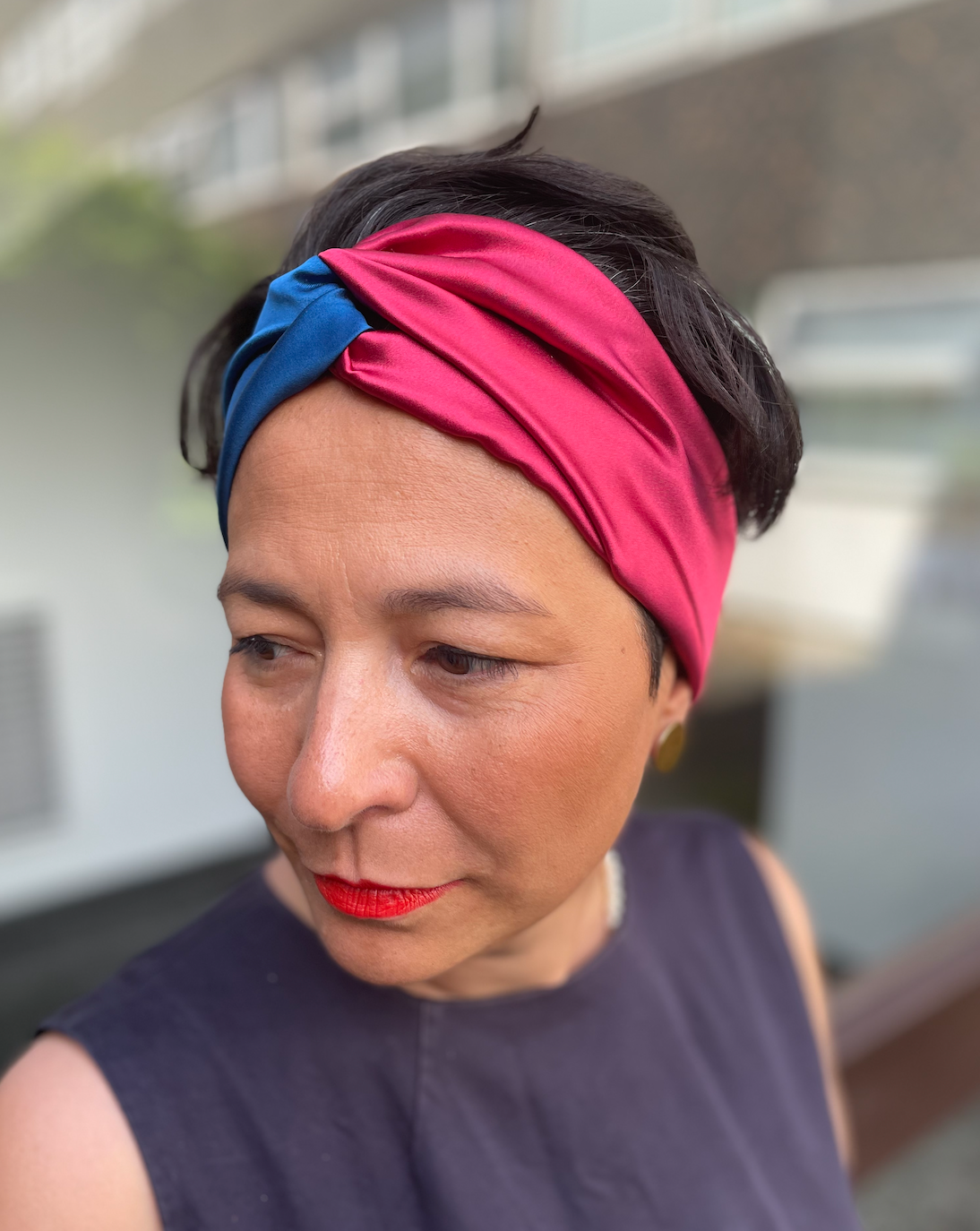 Blue & Claret Red Split Twisted Turban hairband and neck scarf in Mulberry Silk - 100% pure silk satin