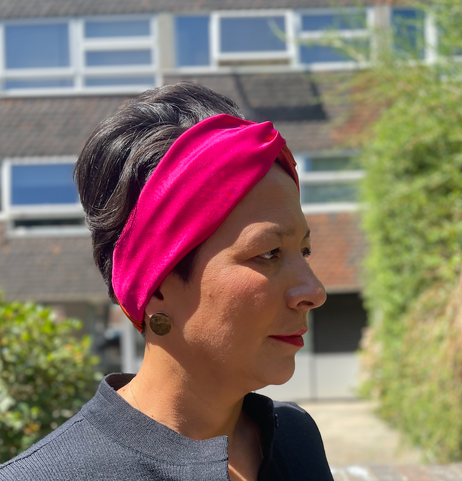 Pure Silk Burnt Orange and Fuchsia Pink Split Twisted Turban hairband and neck scarf in Mulberry Silk - 100% Pure Silk-Satin