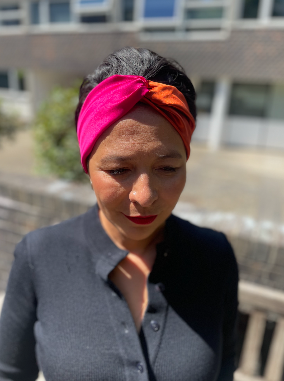 Pure Silk Burnt Orange and Fuchsia Pink Split Twisted Turban hairband and neck scarf in Mulberry Silk - 100% Pure Silk-Satin