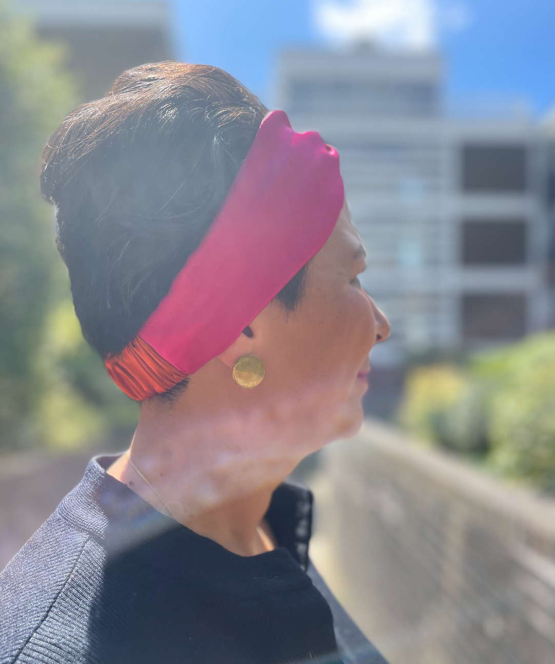 Pure Silk Burnt Orange and Fuchsia Pink Split Twisted Turban hairband and neck scarf in Mulberry Silk - 100% Pure Silk-Satin