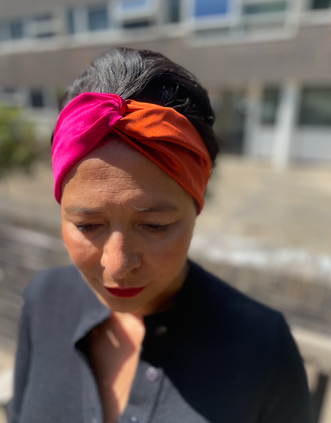 Pure Silk Burnt Orange and Fuchsia Pink Split Twisted Turban hairband and neck scarf in Mulberry Silk - 100% Pure Silk-Satin