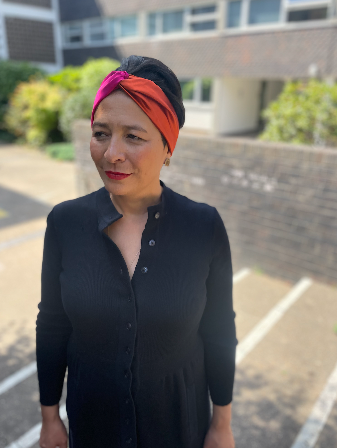 Pure Silk Burnt Orange and Fuchsia Pink Split Twisted Turban hairband and neck scarf in Mulberry Silk - 100% Pure Silk-Satin