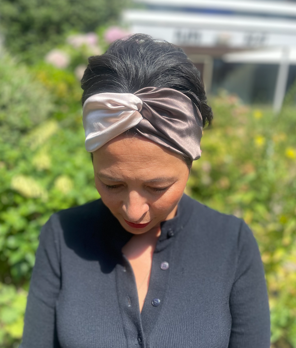 Neutral Blush Pink and Brown Split Twisted Turban hairband and neck scarf in Mulberry Silk - 100% pure silk satin