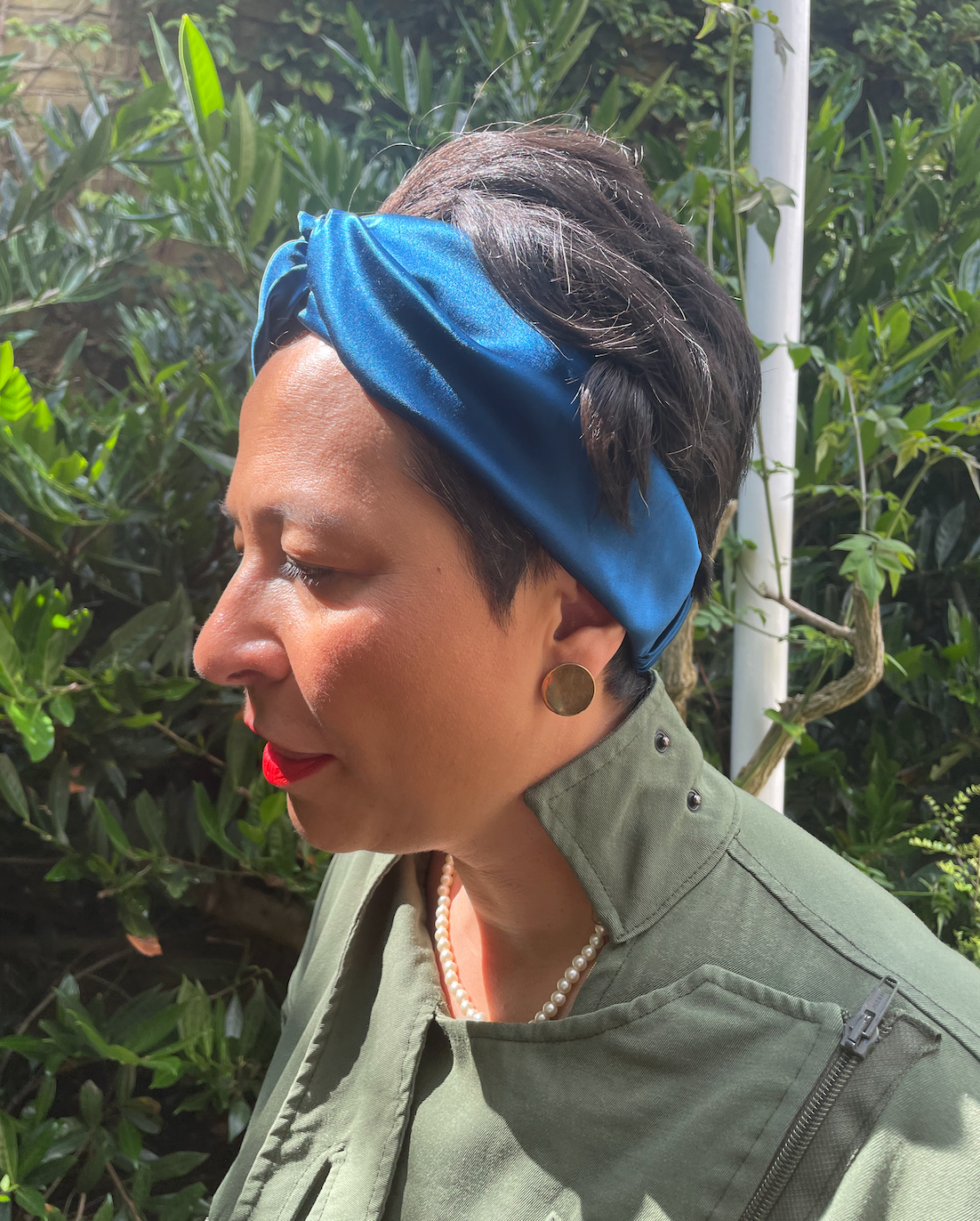 Silk Twisted Turban hairband and neck scarf in Peacock Blue Mulberry Silk - 100% pure silk satin