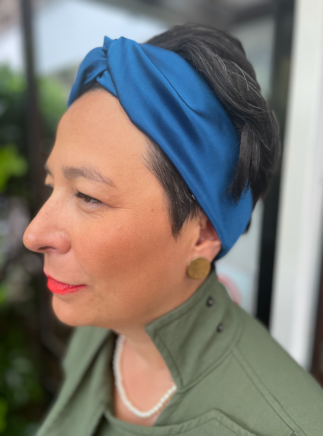 Silk Twisted Turban hairband and neck scarf in Peacock Blue Mulberry Silk - 100% pure silk satin